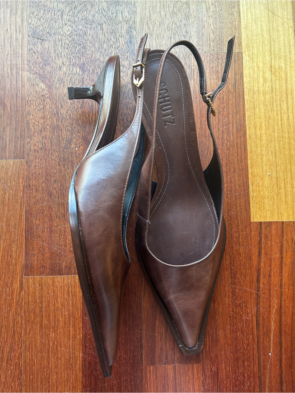 SCHUTZ Dark Brown Leather Pointed Slingback Heels